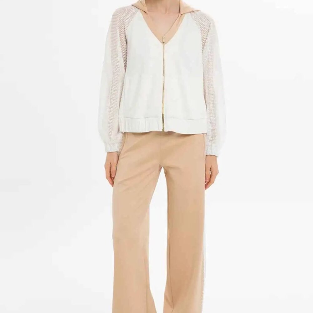 Elegant Ecru Hooded Jacket with V-Neck Design